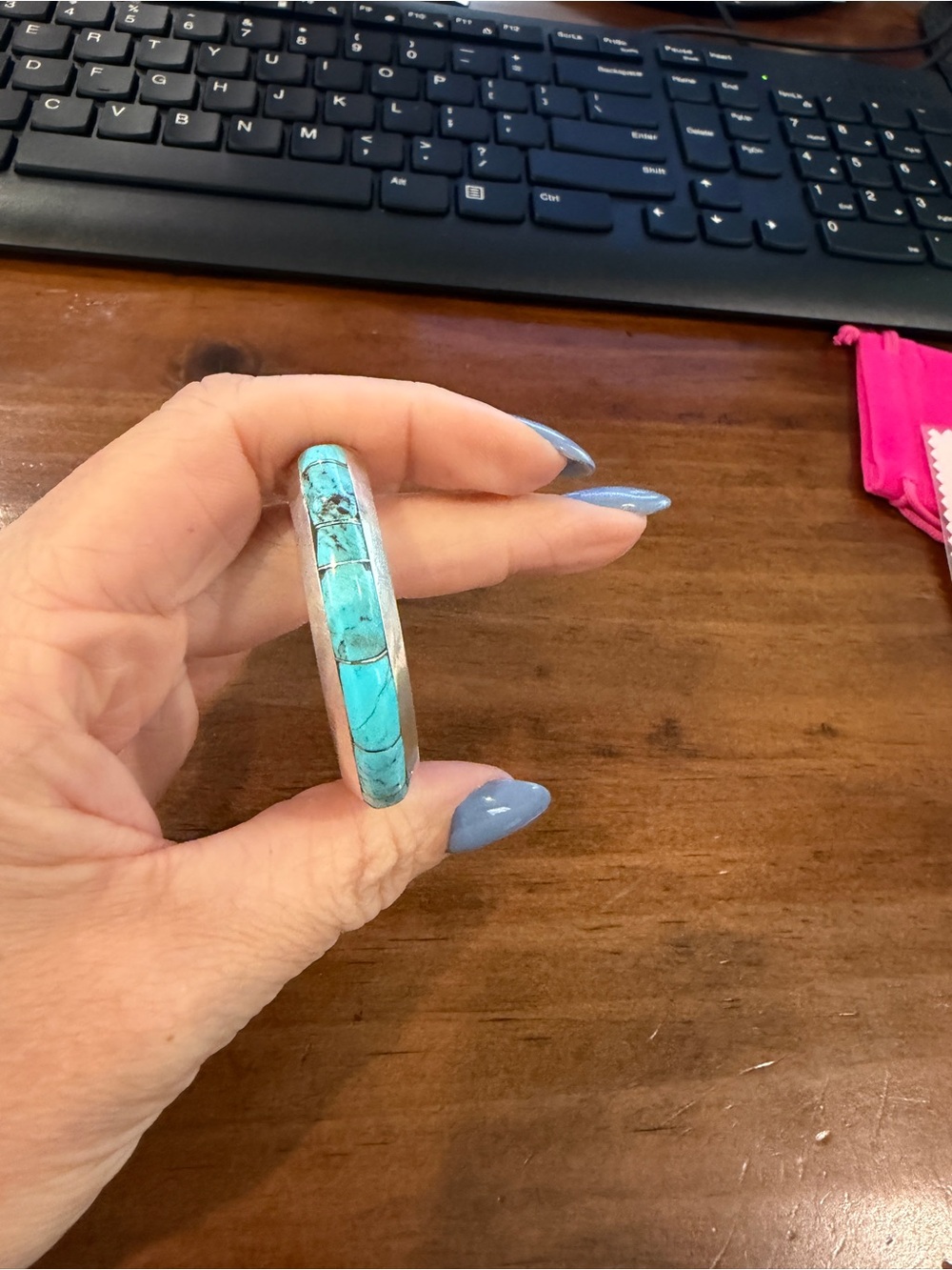 Sterling Silver Turquoise Inlay Cuff Bracelet Signed BE Feather Hallmark